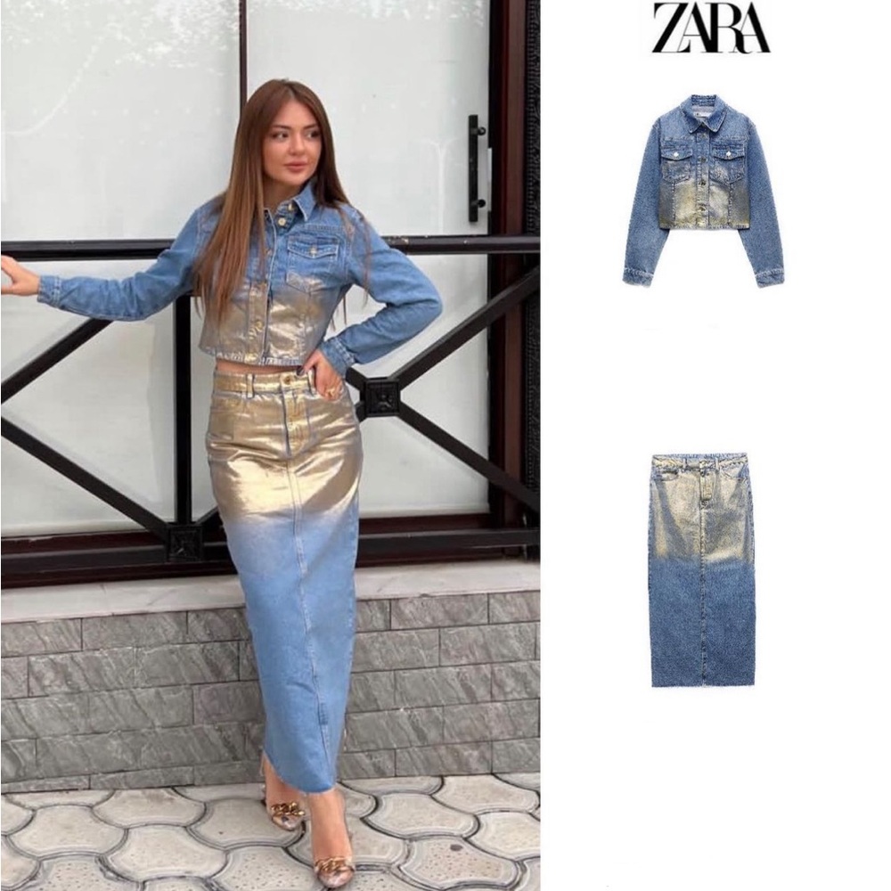 Zara Z1975 Metallic Denim Skirt